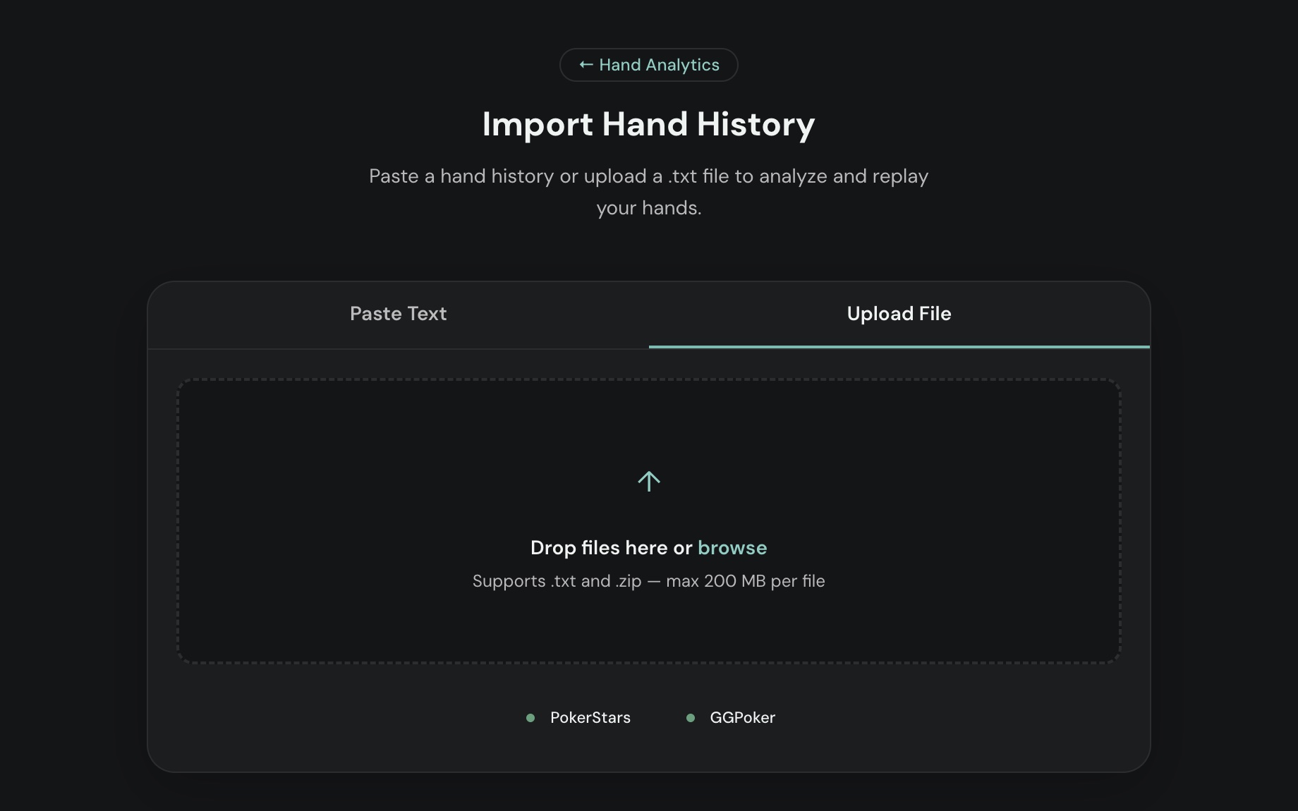 The Import Hand History page on the Upload File tab, taking .txt and .zip files from PokerStars and GGPoker