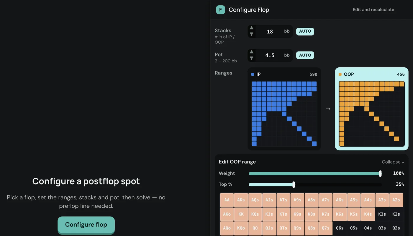 The standalone solver: Configure a postflop spot, ranges set by the Top % slider