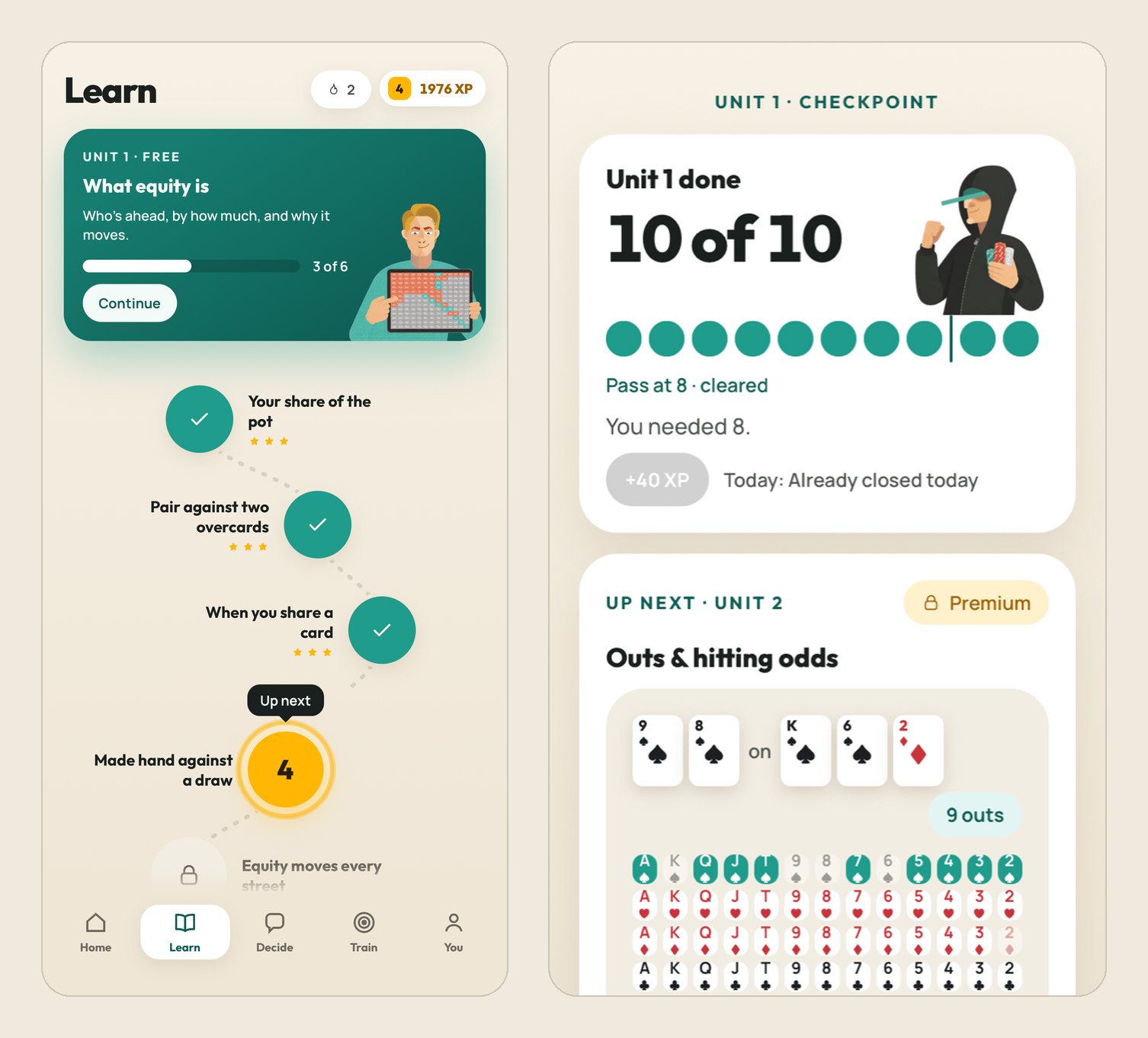 Poker Equity and Odds app: the Learn map for Unit 1, What equity is, and the Unit 1 checkpoint result with Unit 2 next
