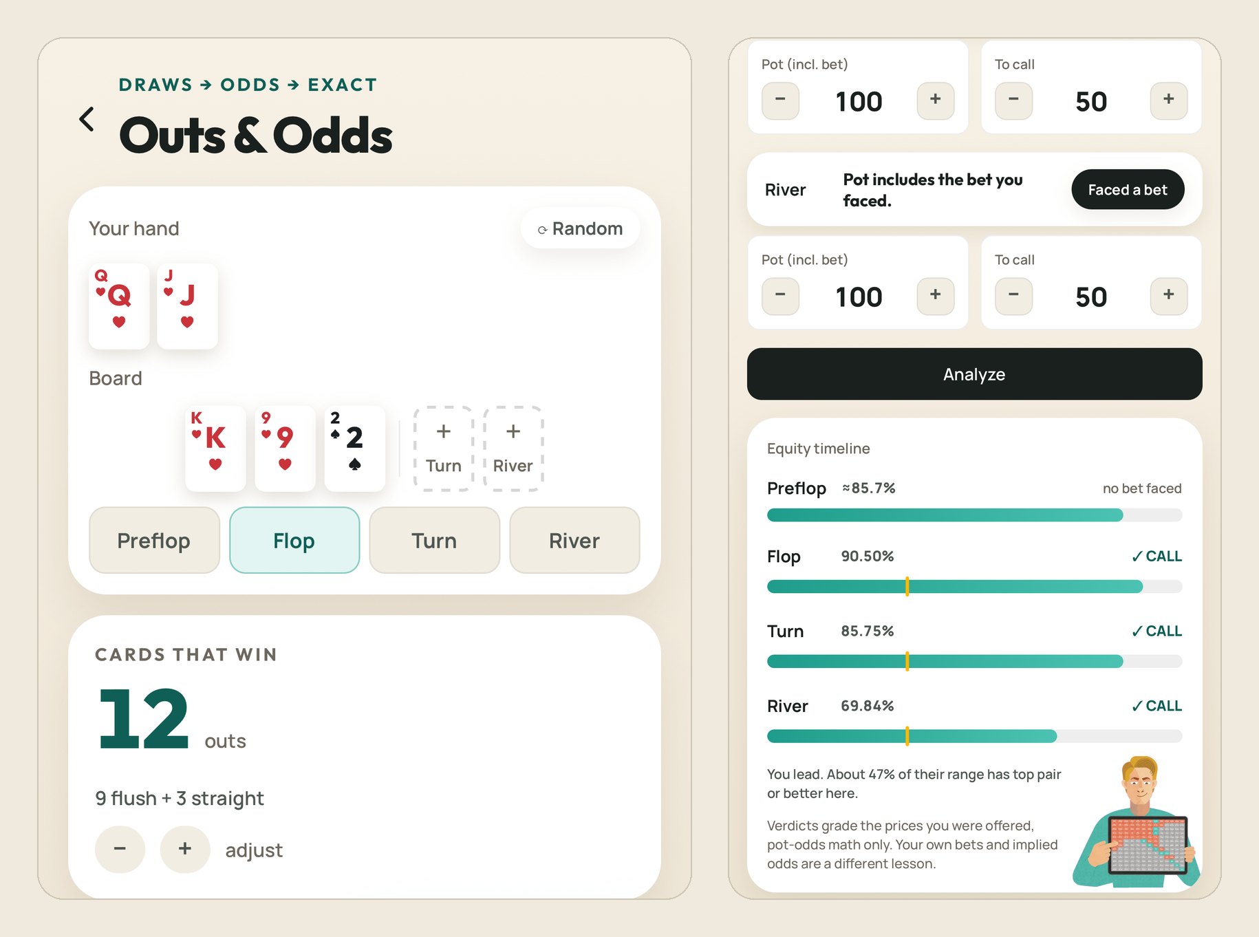 Poker Equity and Odds app: the Outs and Odds screen counting 12 outs for Queen Jack of hearts on King 9 of hearts and 2 of spades, and Hand Review with an equity timeline and a verdict for each street