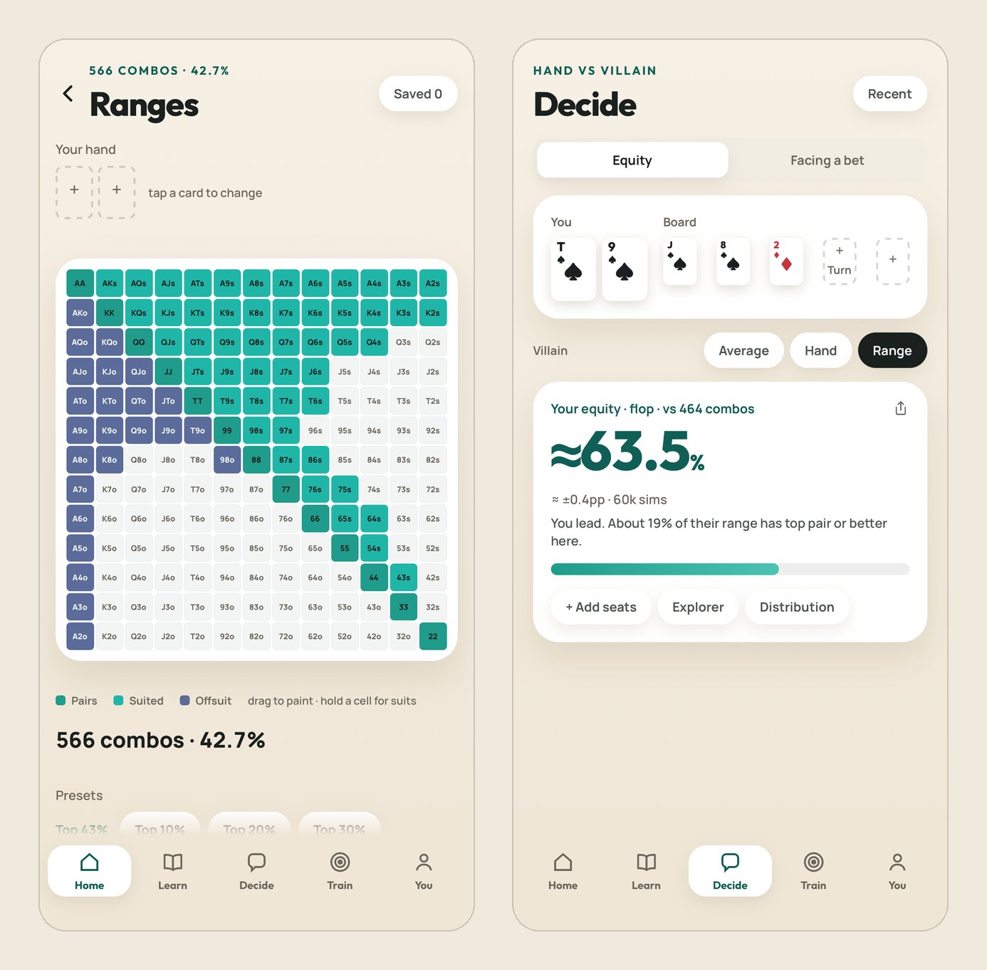 Poker Equity and Odds app: a range painted on the 13 by 13 grid, 566 combos or 42.7%, and a hand against a range on the flop