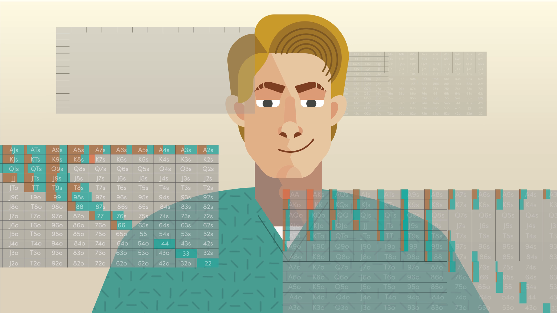 A still from the brand film: the hero between a range matrix and columns of chart data