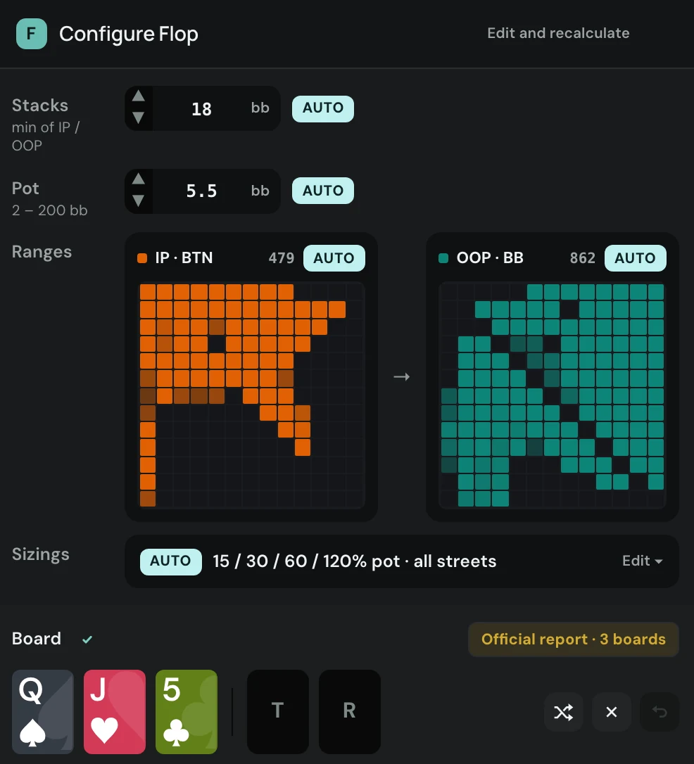 Configure Flop panel in Poker Academy: stacks 18 bb, pot 5.5 bb, BTN and BB ranges, sizes and the board Q♠ J♥ 5♣