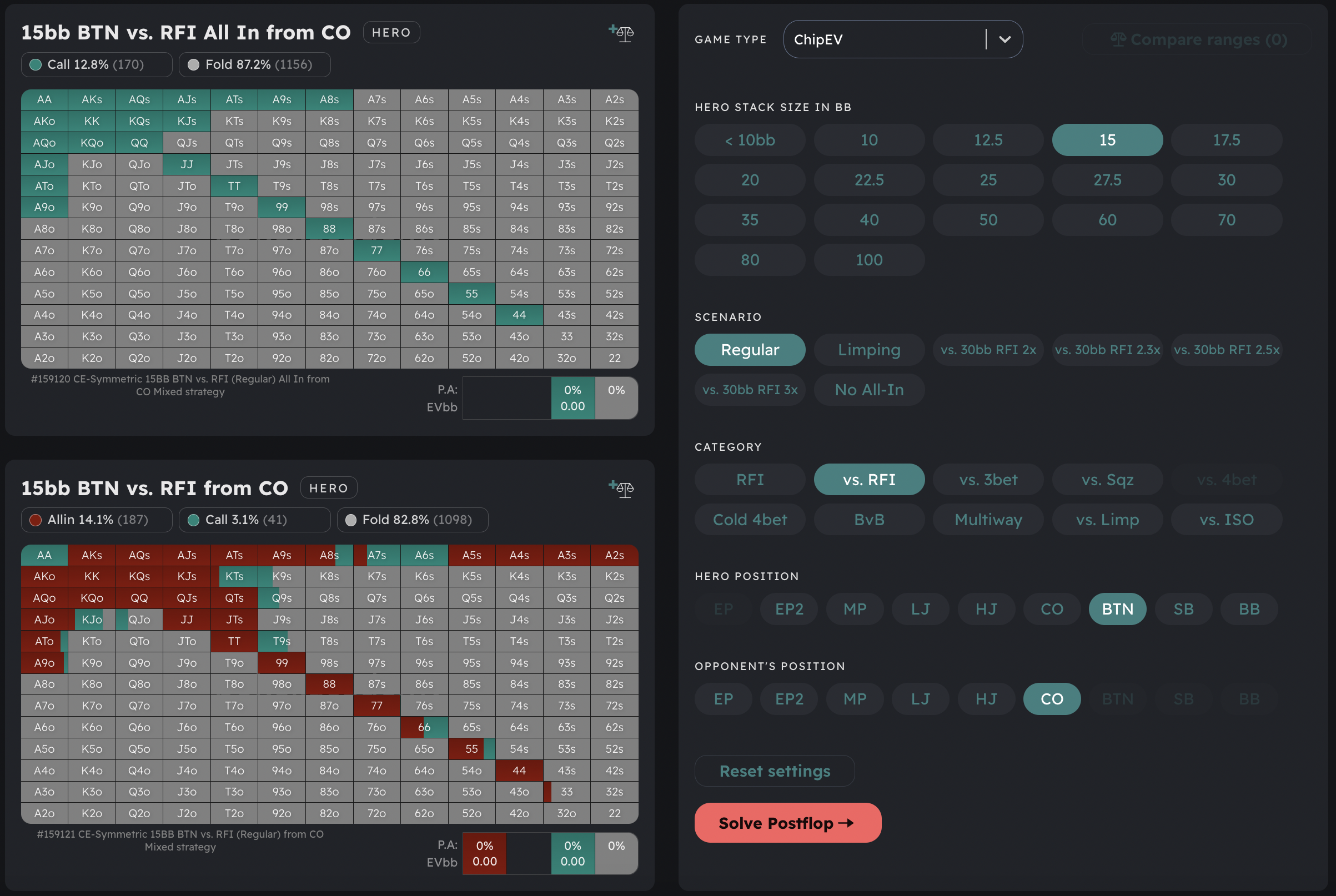 Preflop Charts Bild mit 2 Poker-Matrizen und Konfigurationspanel