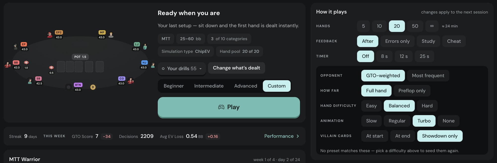 Poker Academy Practice cockpit: MTT 25-60bb setup, difficulty presets Beginner Intermediate Advanced Custom, How it plays card with the Timer row Off, 8 s, 12 s, 25 s