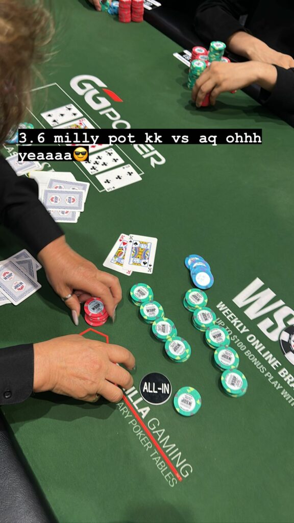 Jonathan Van Fleet hand in the #44 $3,000 NLHE WSOP event. His KK wins over AQ on the Q-high board and he scoops the pot of 3.6 mln.