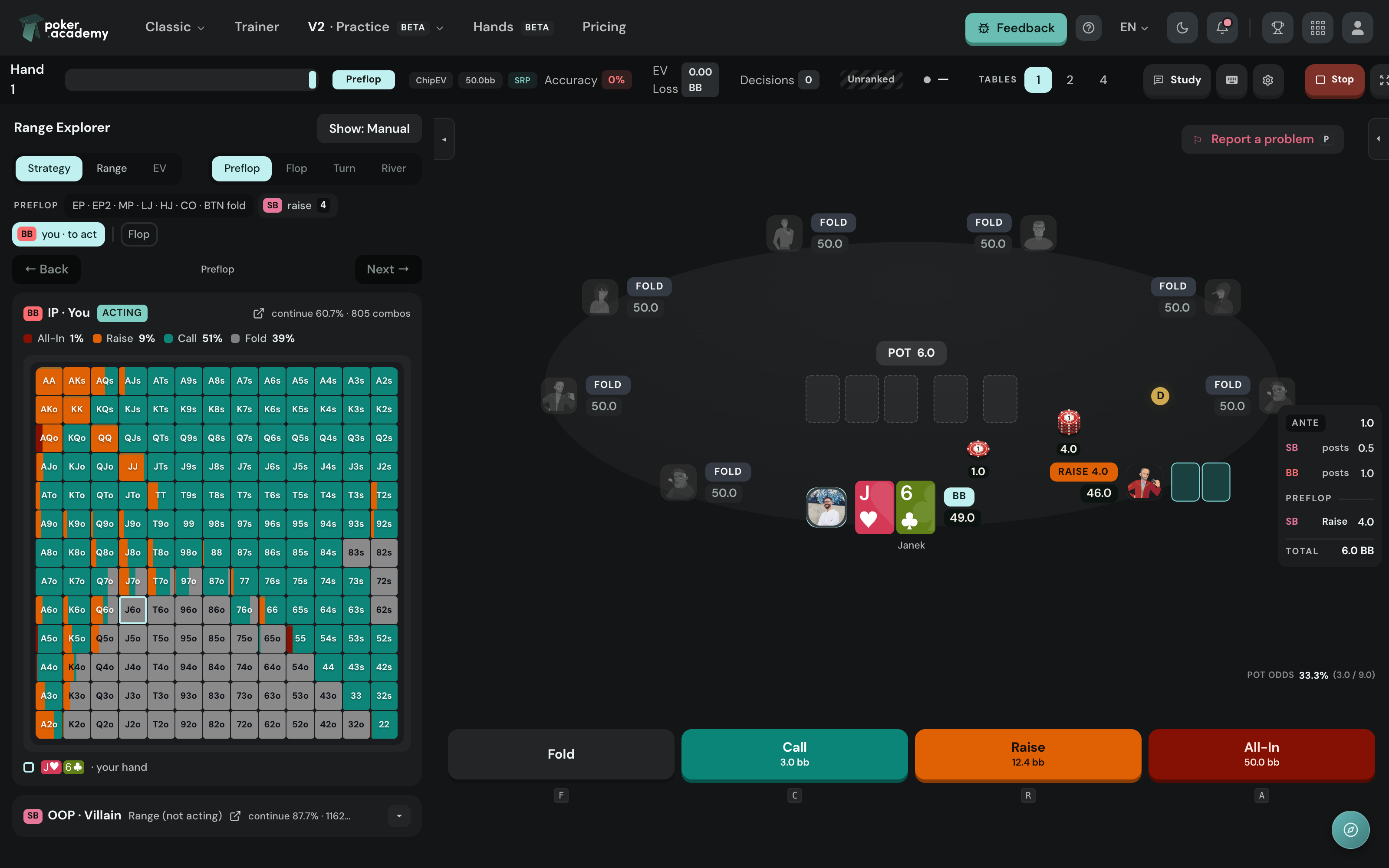The same hand with the Range Explorer open — the big blind's 169-hand matrix, continue 60.7% across 805 combos.