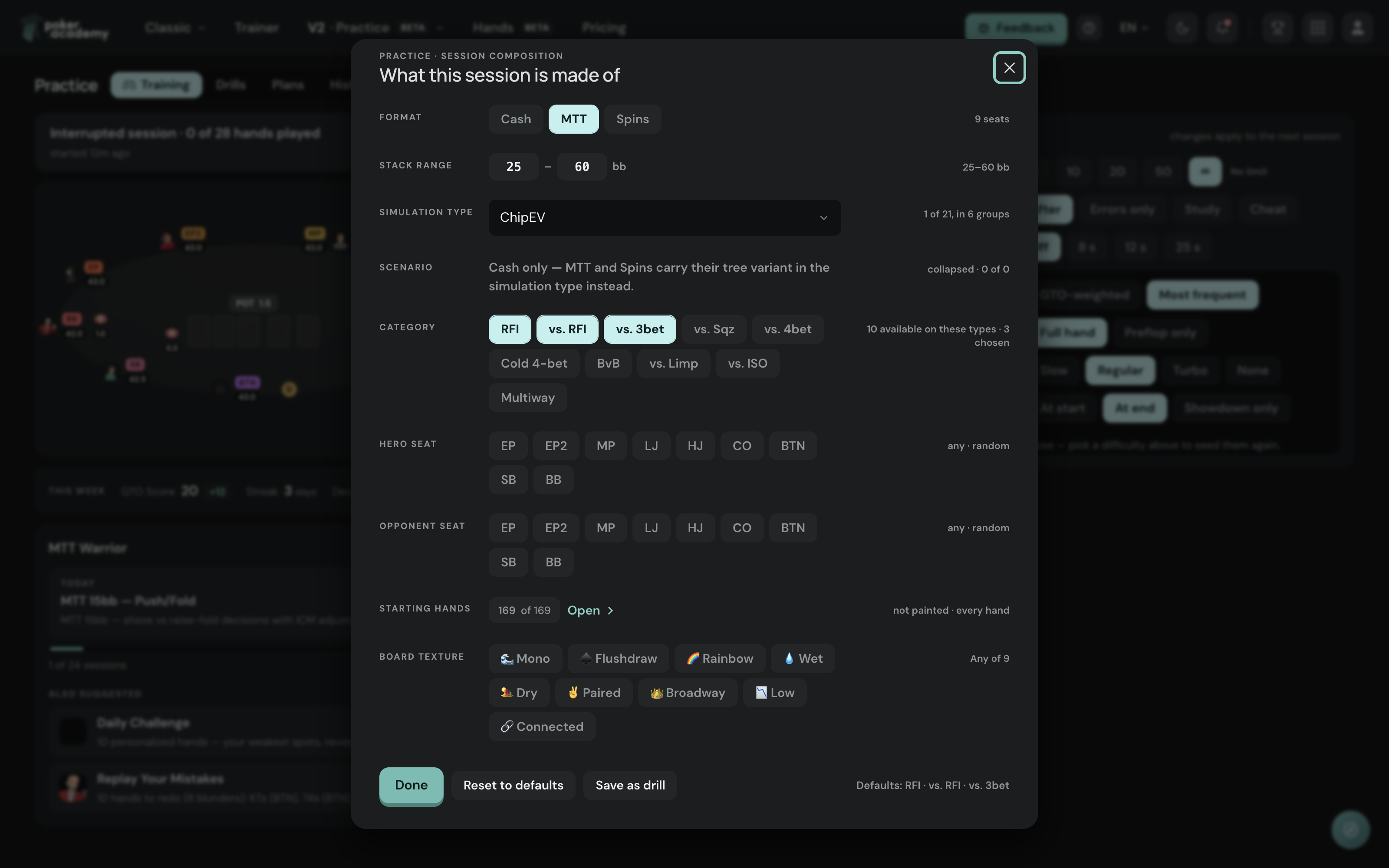 The session composition dialog — format, stack range, simulation type, ten preflop categories, hero and opponent seat, starting hands and nine board textures.