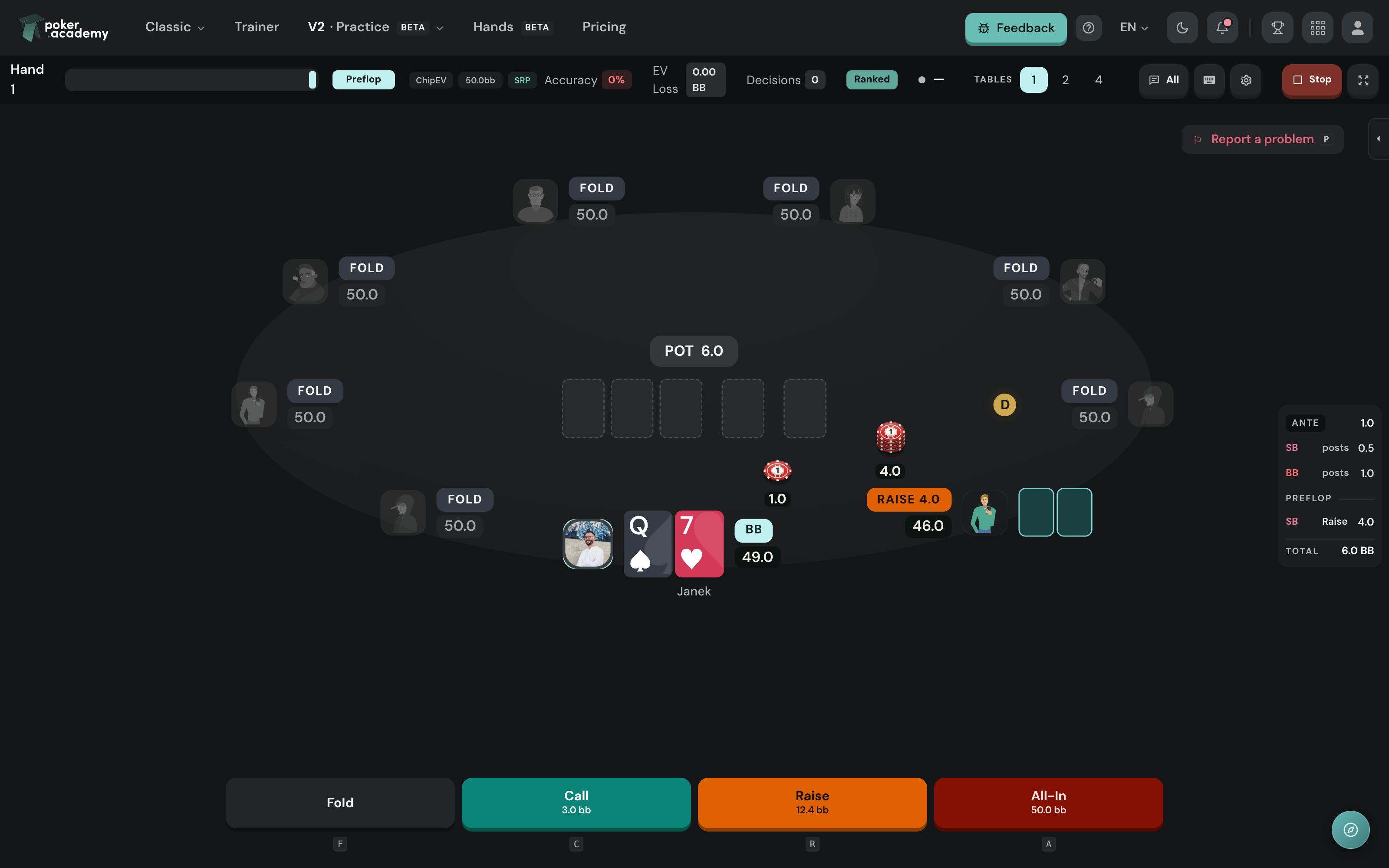 A hand in Practice — nine-handed table, hero in the big blind facing a small blind raise, no solver hints on screen.