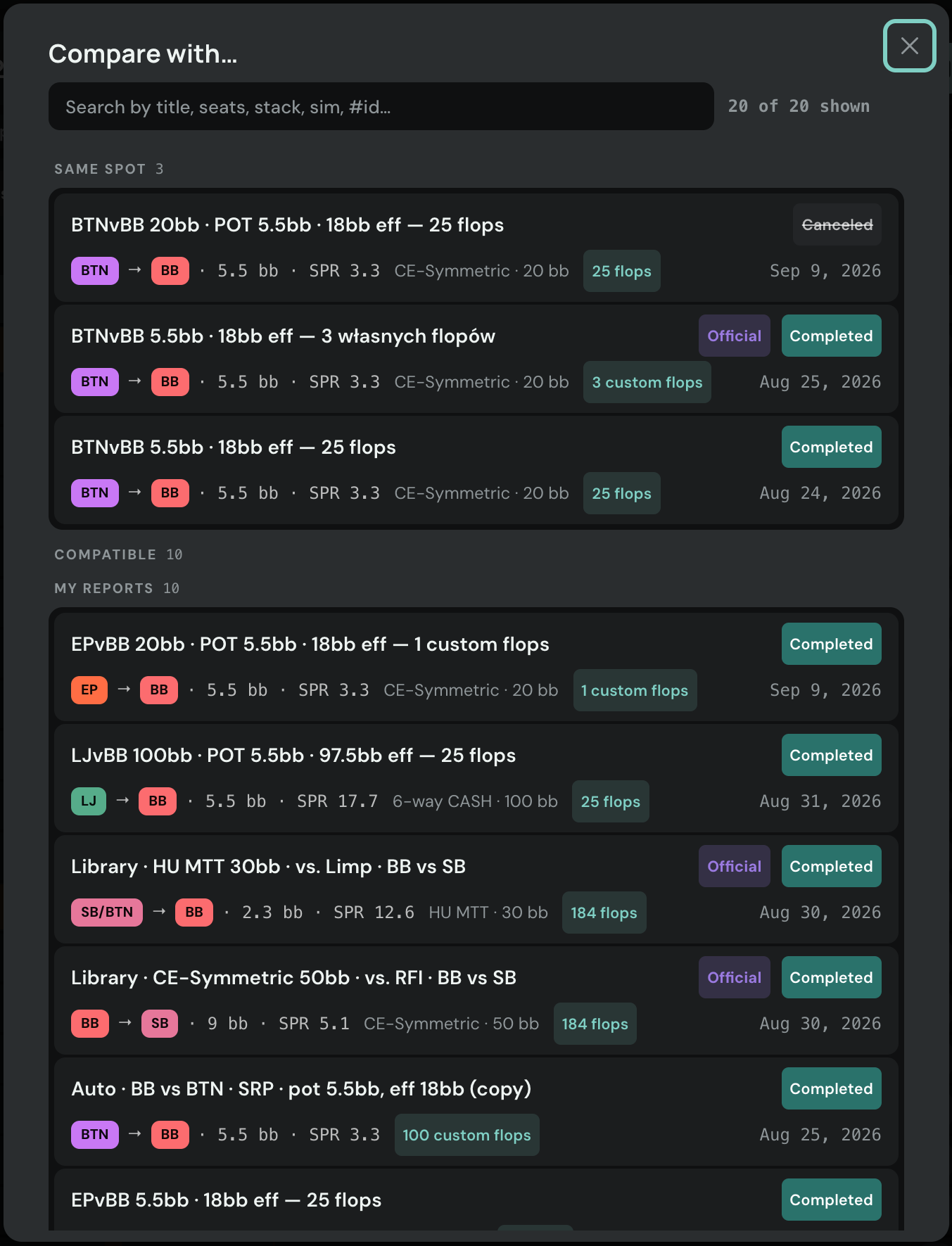 The Compare with… dialog: a search box, a Same spot section with three BTN vs BB reports and a Compatible section listing other reports with their positions, pot, SPR, simulation and board count.